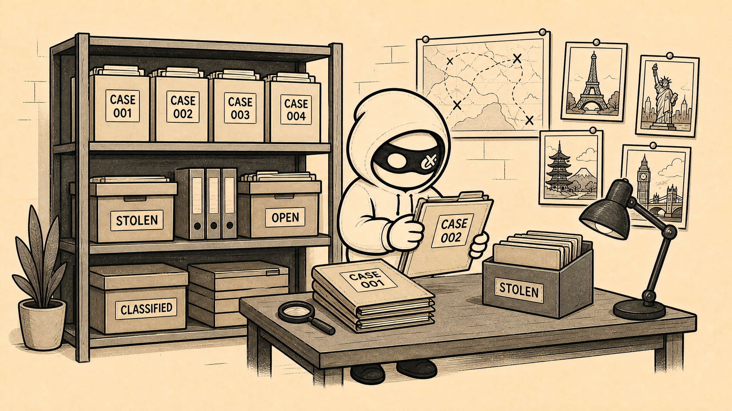 The Thief's archive room filled with case files, boxes and a pinned map
